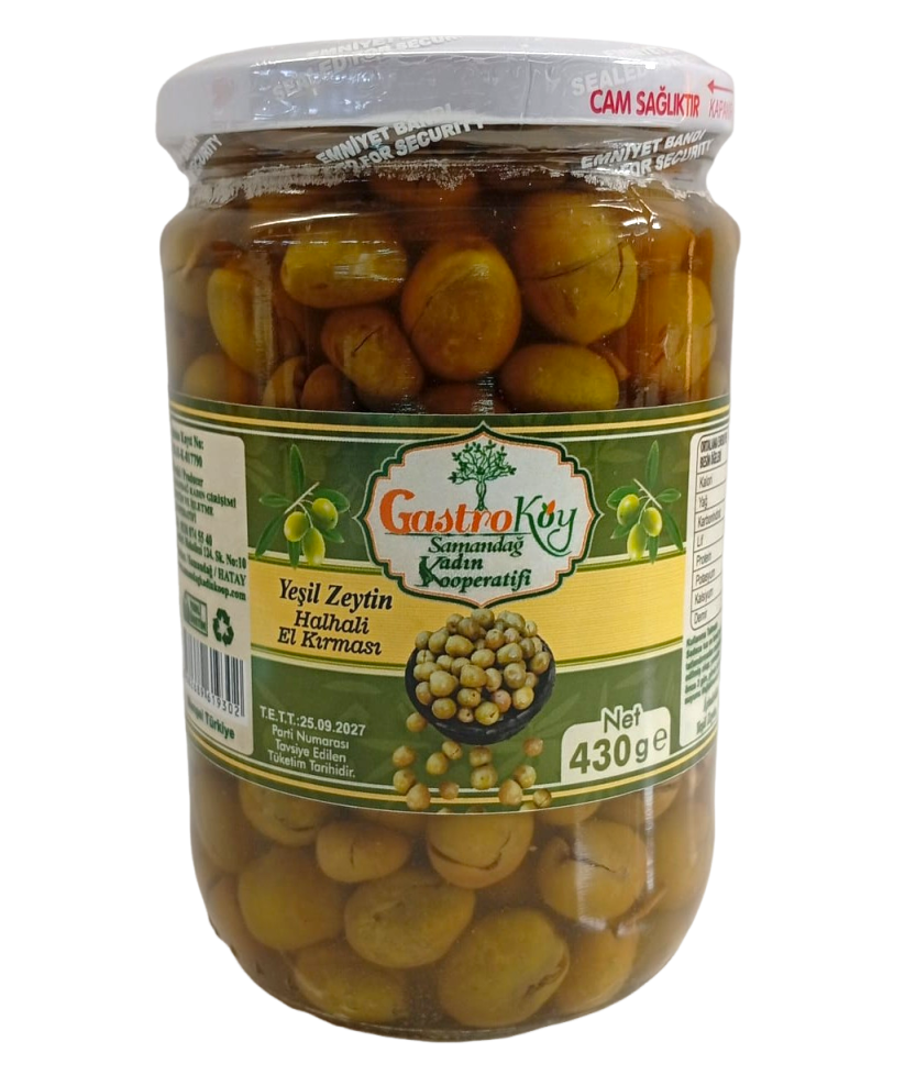 Halhalı Yeşil Zeytin - El Kırması, Cam Kavanozda - 430 Gr - Samandağ Kadın Kooperatifi