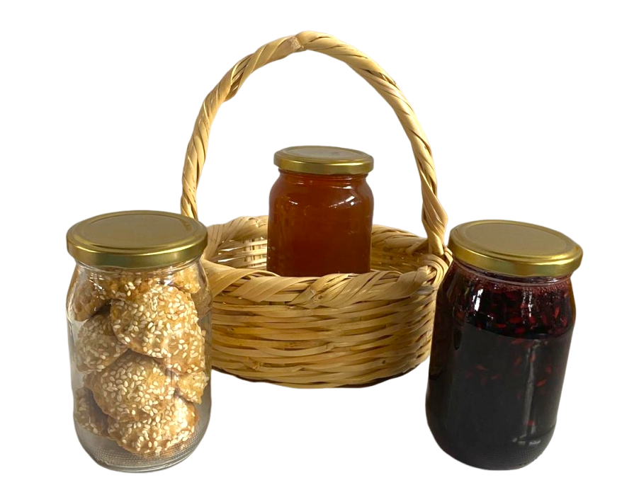 Sepet İçinde 3'lü Ürün - Nar Reçeli (Bereket Tatlısı) - 625 G, Kömbe - 350 G, Kabak Tatlısı - 425 G - HayatHatay 6 Şubat Kadın Kooperatifi