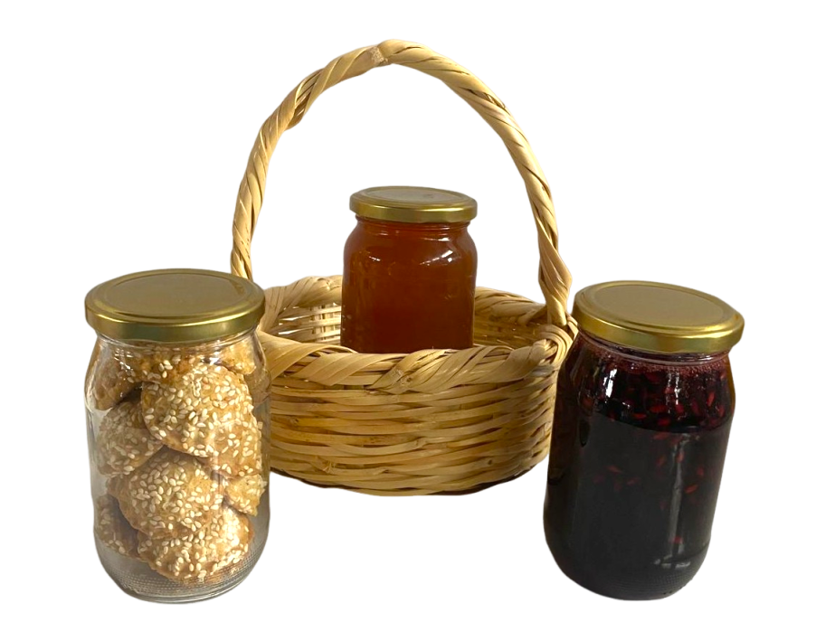 Sepet İçinde 3'lü Ürün - Nar Reçeli (Bereket Tatlısı) - 625 G, Kömbe - 350 G, Kabak Tatlısı - 425 G - HayatHatay 6 Şubat Kadın Kooperatifi